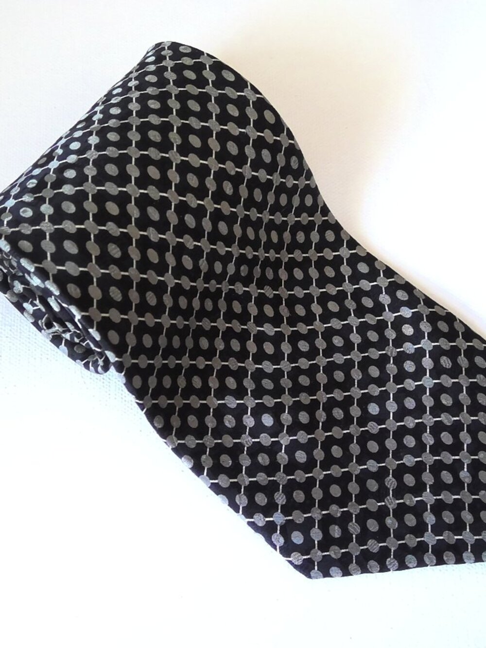 Tongue Tied by Tom McLellon Silk Neck Tie Black & Silver Quatrefoil Hand Made